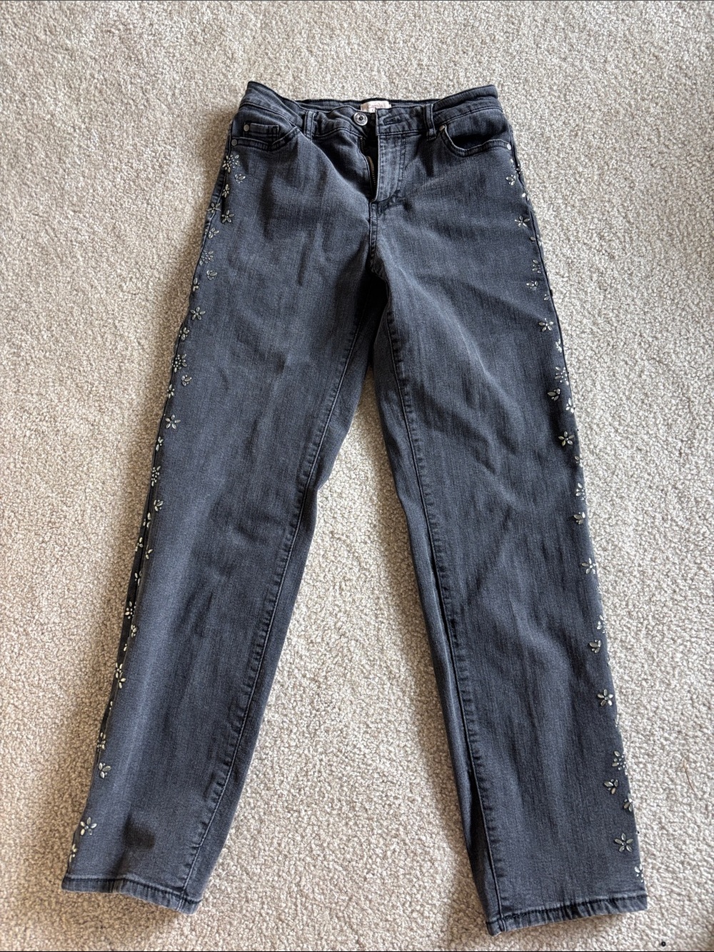 Camila Coelho Black Straight-Leg Jeans with Side Floral Embroidery